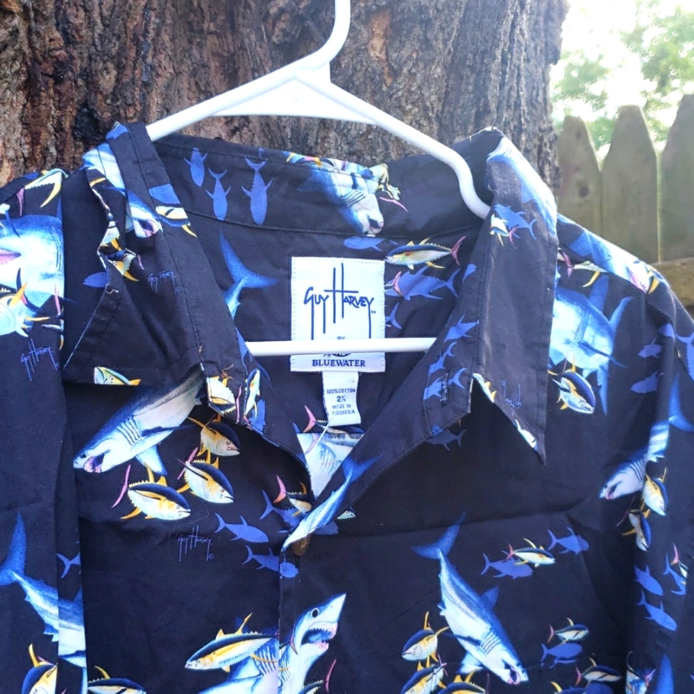 GUY HARVEY  Aftco Fish Print Bluewater Mako Shark Button Down SS Shirt 2XL